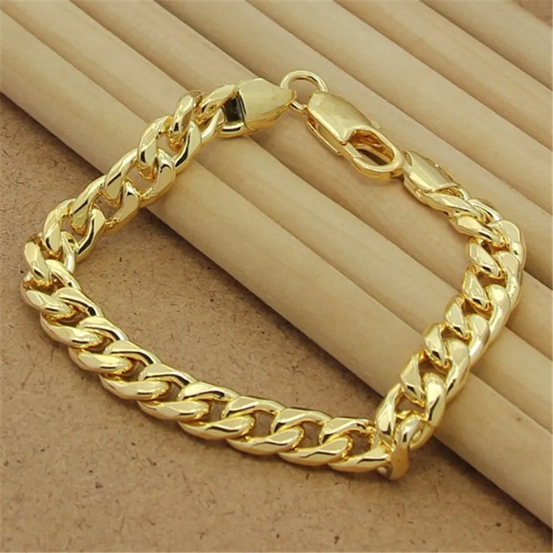 

Classic 925 Sterling Silver Hand 8MM Sideways 18K Gold Bracelet For Men & Women Party Charm Jewelry Gift Wholesale