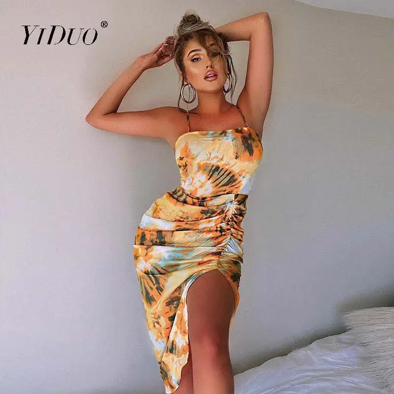

YiDuo 2020 Spaghetti Strap Tie Dye Print High Split Pleated Sexy Dress Summer Women Fashion Club Irregular Maxi Long Dresses