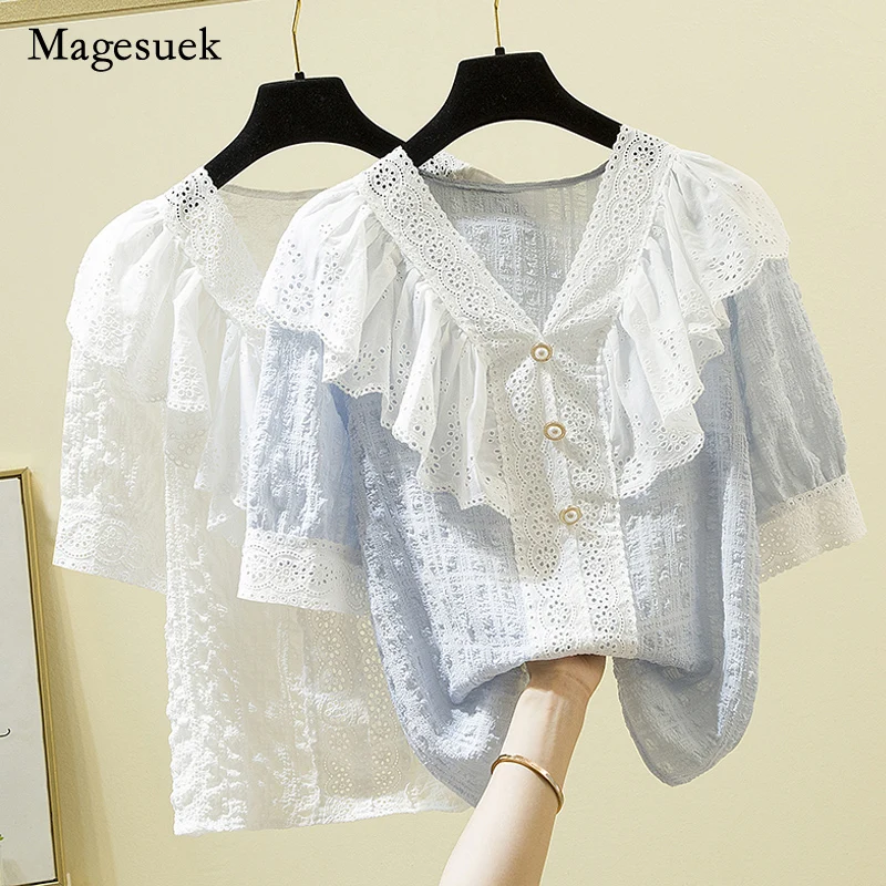 

New Summer Lace V Neck Loose Ruffle Patchword Shirt 2021 Sweet Fashion Blouse Women Plus Size 4XL Short Sleeve Women Tops 14211