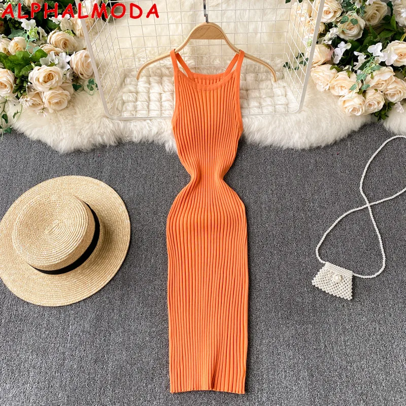 

Женское трикотажное платье ALPHALMODA, однотонное эластичное облегающее трикотажное платье-пуловер длиной до колена, лето 2021