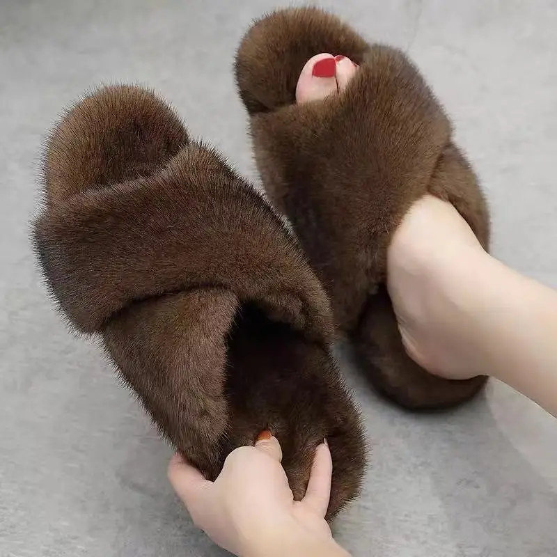 Шлепанцы женские с мехом роскошные дизайнерские сандалии Нескользящие мягкая