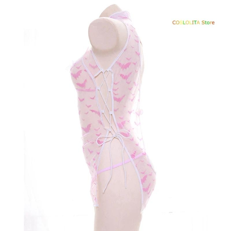 

Pink Lolita Women Sexy Transparent Cheongsam Pajamas Underwear Lace Nets yarn Ultra-thin Nightdress Bandage Sleepwear Cosplay