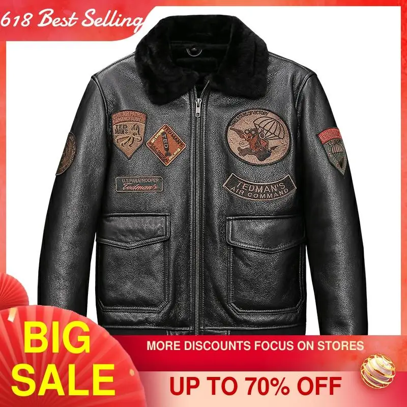 

2021 Black Military Style G1 Pilot Shearling Coat Men Plus Size 5XL Real Natural Sheepskin Winter Thicn Warm Aviation Jacket