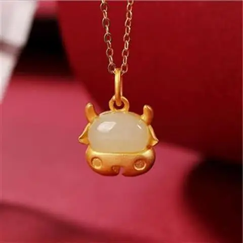 

Opportunity Knocks. Hetian Yumeng Ox Pendant Silver Gilding White Jade Chinese Zodiac Cow Pendant Birth Year Ornament