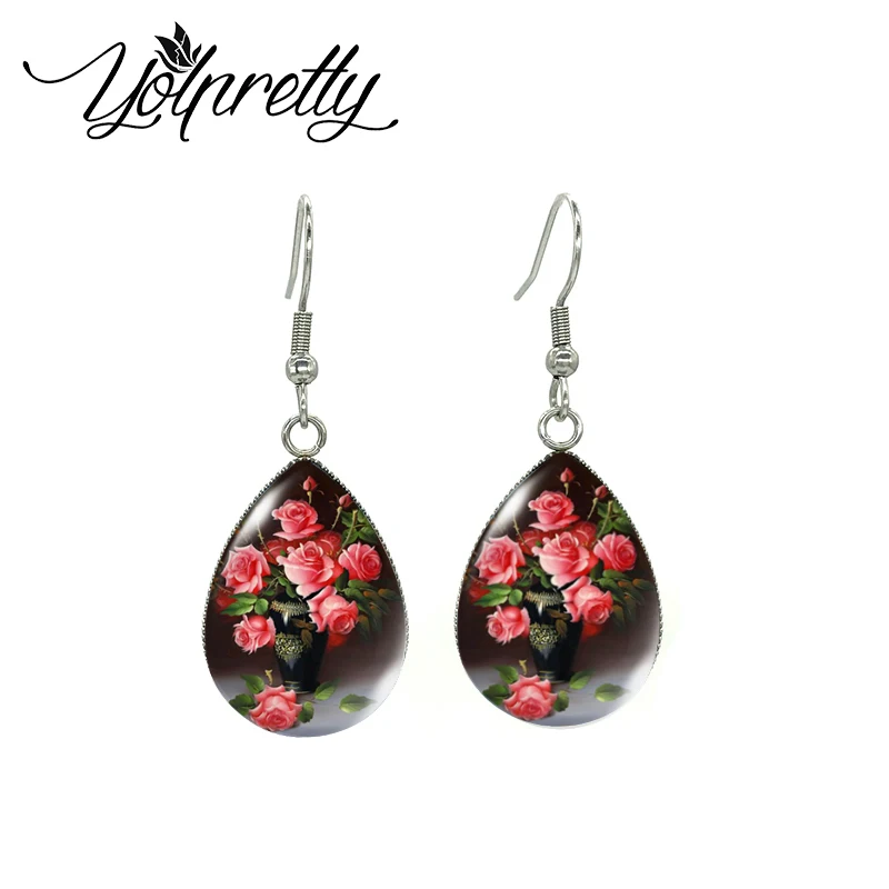 Серьги-подвески с цветами розы в вазе масляными красками ручной работы 2021 |