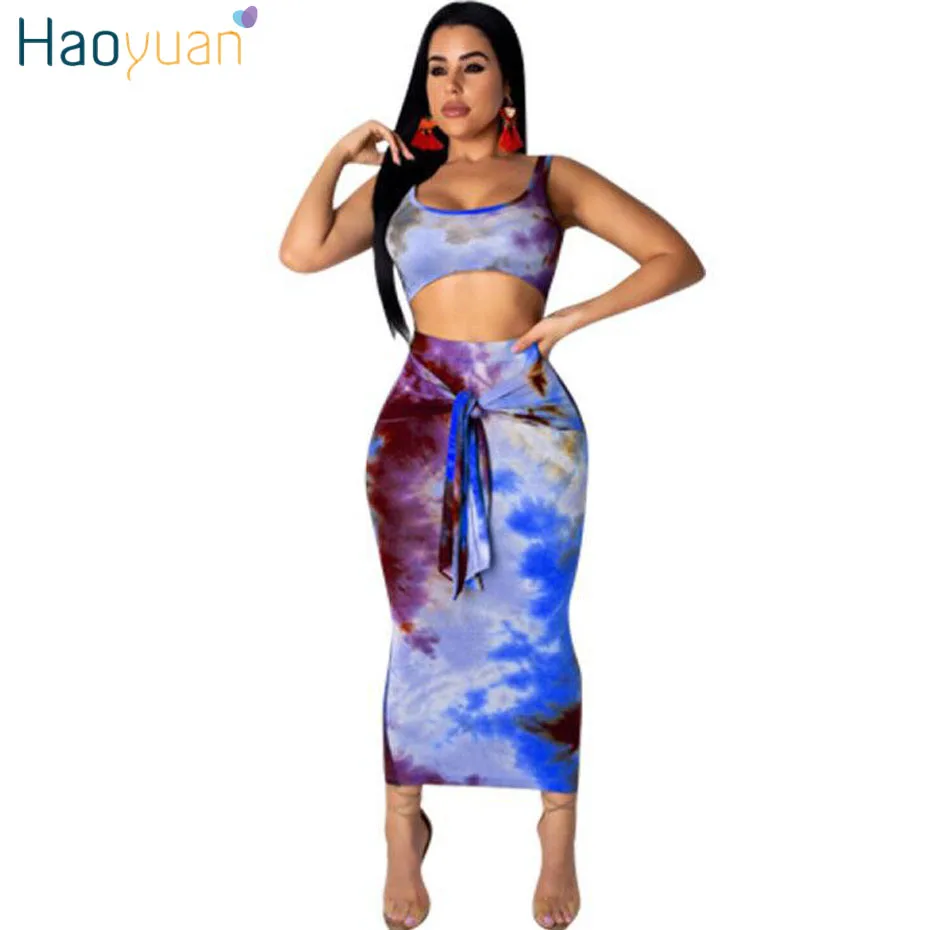 HAOYUAN, сексуальный комплект из двух предметов, Клубные наряды, укороченный топ и юбка миди, облегающая Осенняя праздничная одежда, Женский комплект из 2 предметов