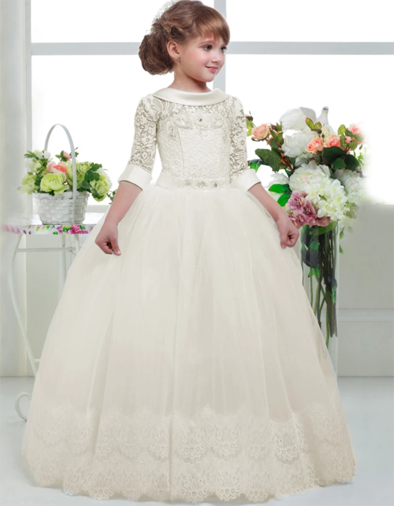 Ivory with sleeves Кружевное нарядное платье с рукавами три четверти и цветочным узором для девочек; детская праздничная одежда; Длинные вечерние платья для выпускного бала на свадьбу - Цвет: Ivory with sleeves