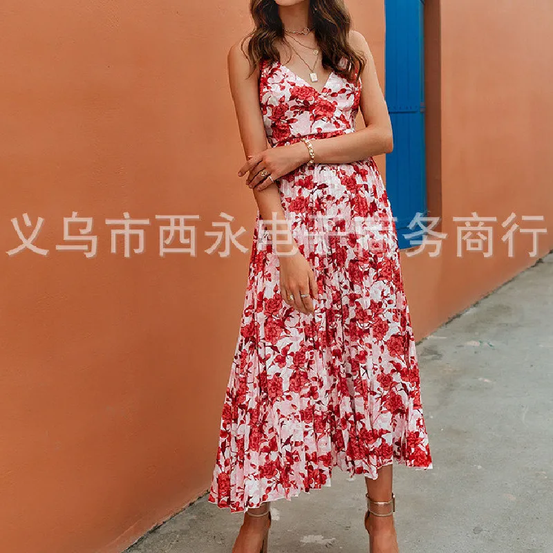 

Sexy Bohemian Style Women Print Long Dress Elegant 2020 Deep V-neck Spaghetti Straps Dress