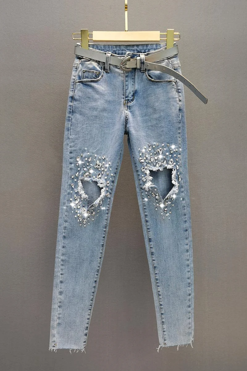 

New Hole Rhinestone Denim Jeans Women's Fashionable 2021 Spring and Summer New High Waist Slim Fit Slimming Pants