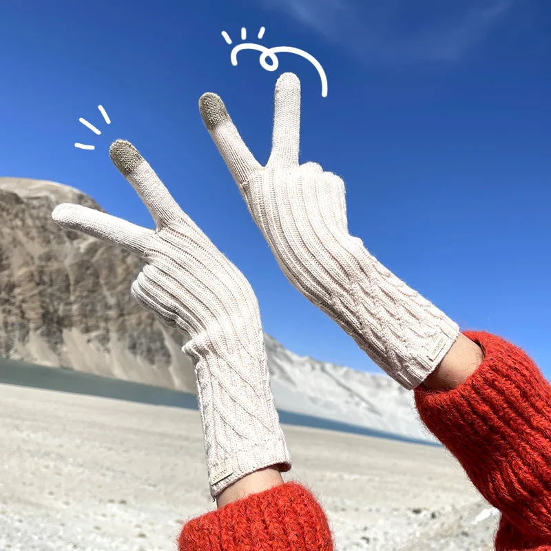 

Christmas Gifts Winter Extended Wristband Finger Gloves Ladies Outdoor Cycling Windproof Cold Warm Knitted Touch Screen Gloves
