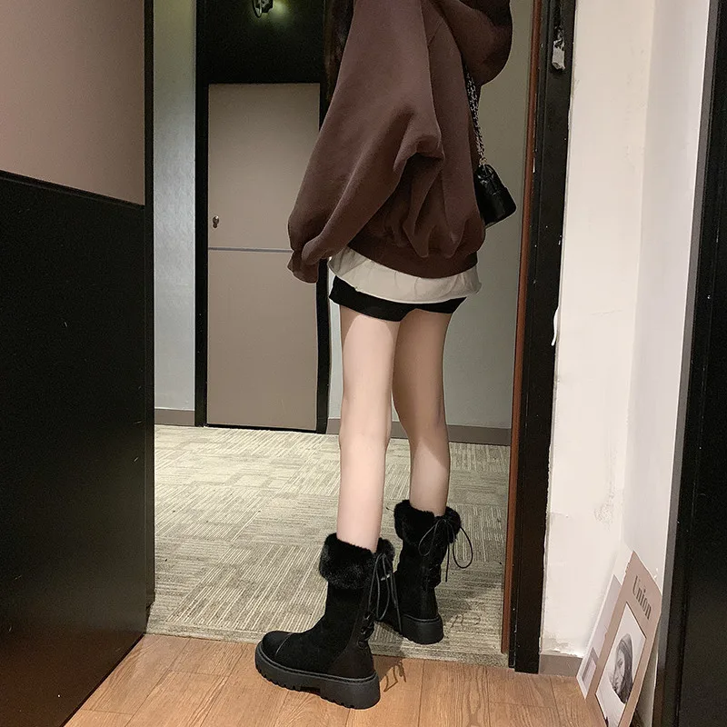 COOTELILI Suede Leather Boots Botines Mujer Warm Plush For Women Lace up Black Fashion Mid-Calf Casual Shoes Woman |