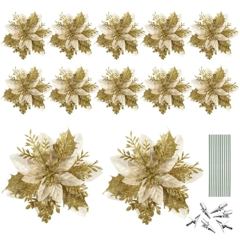 

12pcs Christmas Glitter Artificial Poinsettia Flowers Christmas Tree Flowers Ornaments Party Decoration with Stems and Clips