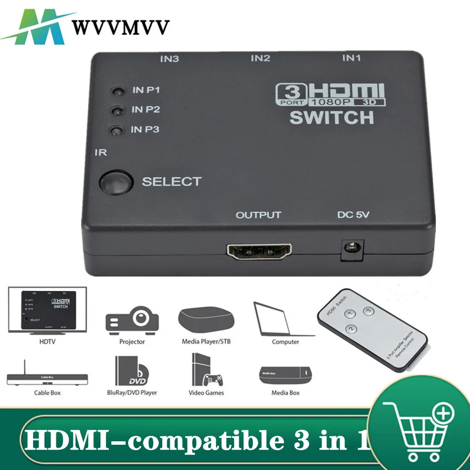 3x1 HDMI-compatible Splitter Adapter Hub Auto Switch 3 In 1 Out Switcher 1080P Remote Control for XBOX360 PS3 Projector HDTV | Электроника