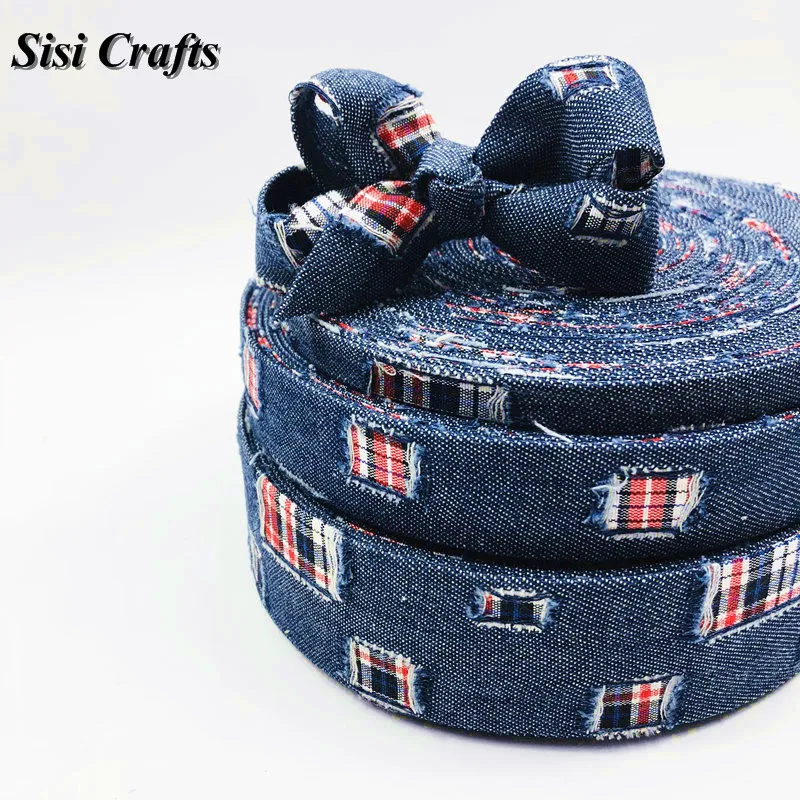 Sisi Crafts Tape Blue Denim Jeans Ribbon Hollow Shapes Ripped Plaid Riband Bias Trim Layering DIY Hair Bow Tie Collar Materia 1M | Дом и сад