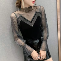 autumn 2022 new sexy strapless mesh stitching blouse womens slim plus size tops rhinestone bell long sleeve bottoming shirt