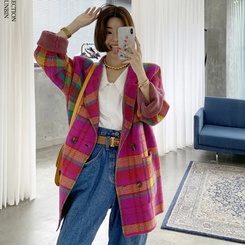 Женское шерстяное пальто LANMREM свободное двубортное средней длины в полоску