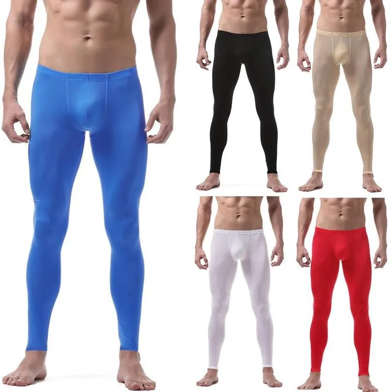 Ice Silk Trousers Men Sexy Nylon Transparent Long Skin-friendly Silk Pouch Sheer Spandex Lounge Leggings Tights I5J3