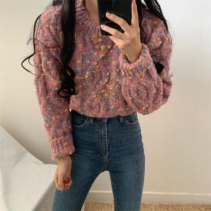 Knitted Twist Sweater Women Candy Color Dot Vintage Pullover O Neck Long Sleeve Autumn Clothes Ropa Mujer Francais Harajuku | Женская