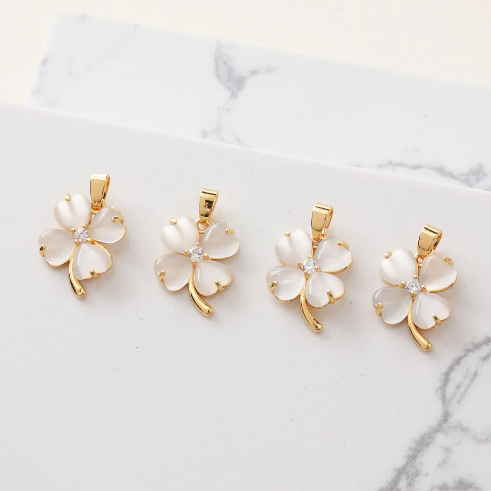 2PCS 18K Gold-plated Four-leaf Clover Opal Necklace Pendant Charms for Jewelry Making Supplies Diy Hand-made Brass Accessories images - 6