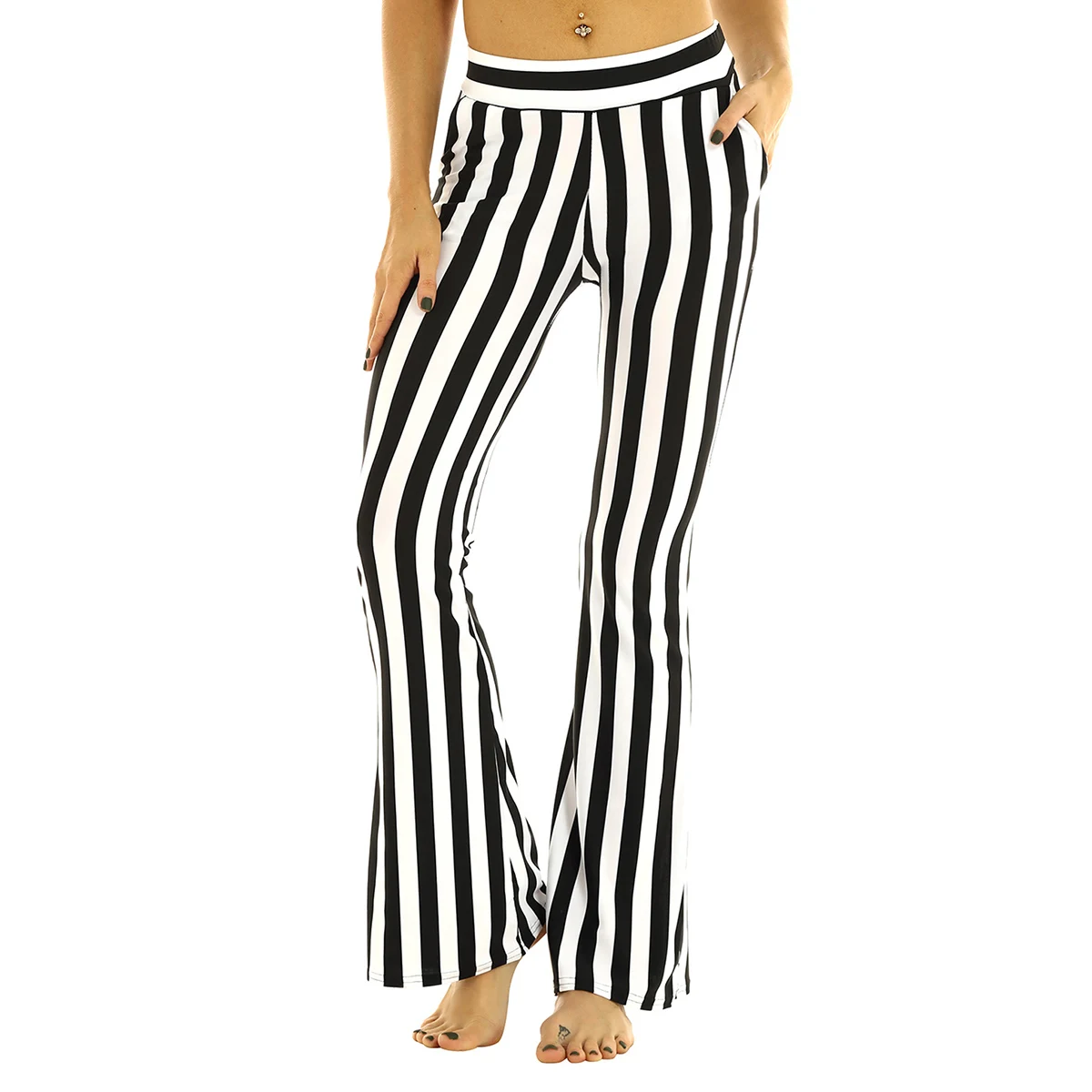

Women High Waist Striped Stretchy Slim Fit Bell Bottom Flare Trousers Legging Long Pants Stage Performance Jazz Dance Costume