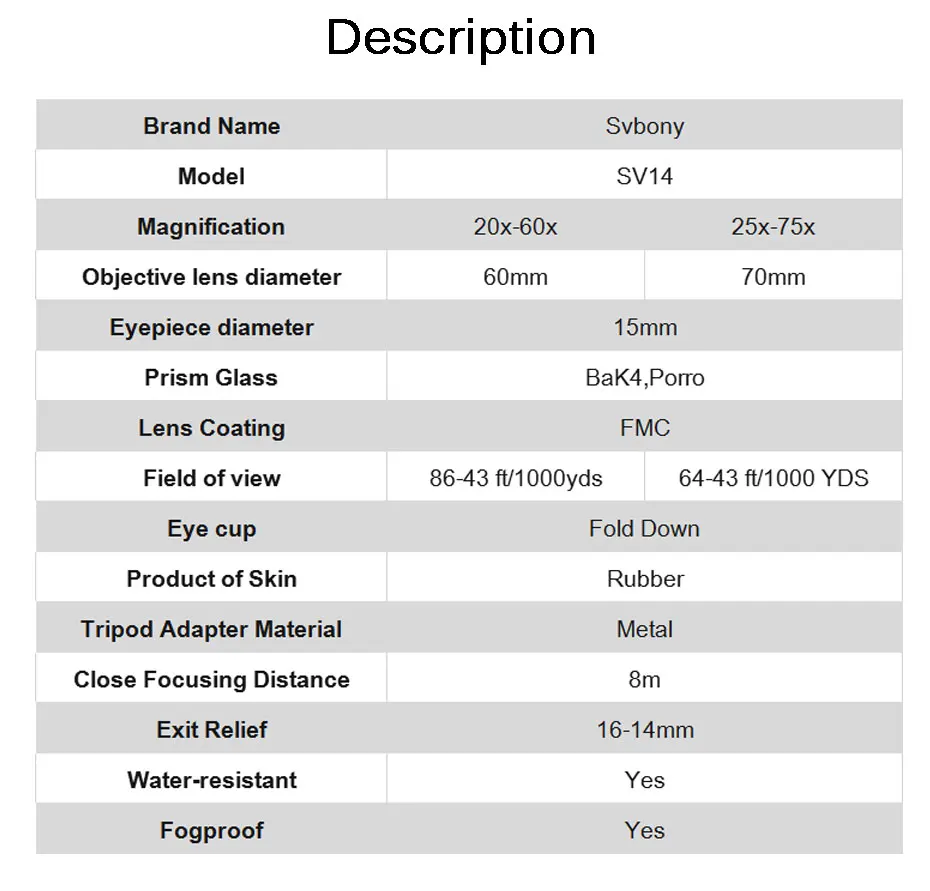 SVBONY фокусирующей оптикой для наблюдения точечных целей 20-60x60/25-75x70mm телескопа BAK4 Призма Водонепроницаемый 45 градусов угловой охотничий Монокуляр w/штатив F9310 для охоты, стрельбы, стрельбы из лука, набл