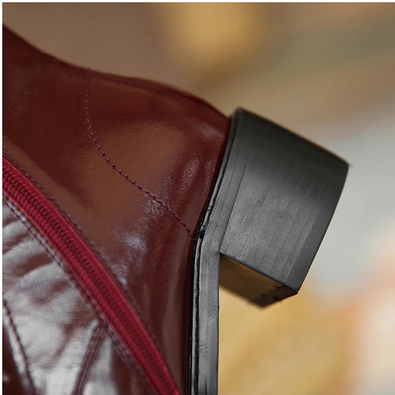 

Leather Ankle Boots Women Autumn Winter Mid Square Heel Shoes G289 Woman Square Toe Black Wine Red Cross Strap Fashion Boots