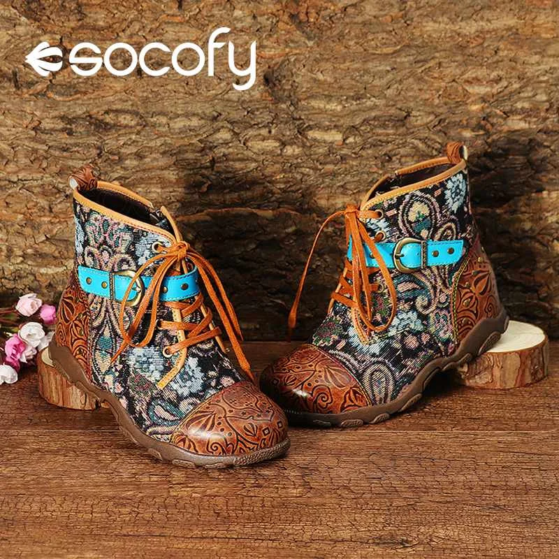 SOCOFY/женские ботильоны из натуральной кожи с кружевной пряжкой; удобные теплые ботильоны на плоской подошве; винтажные ботильоны в богемном стиле; Женская Осенняя обувь