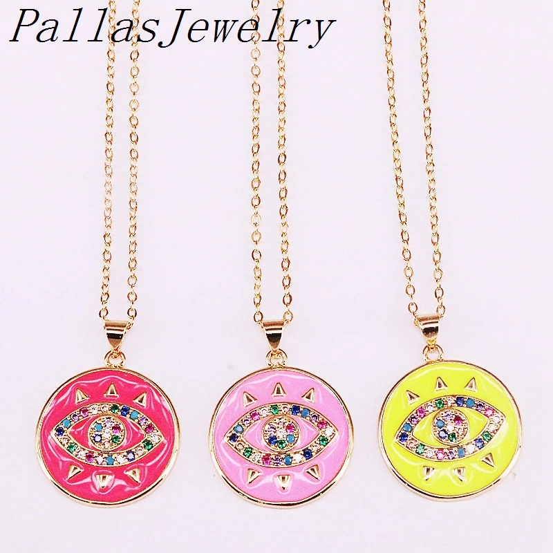 Necklace 10 шт. модная подвеска из эмали круглые ожерелья с подвесками Радужный цирконий CZ микро проложенный глаз золотые украшения для женщин - Окраска металла: Necklace