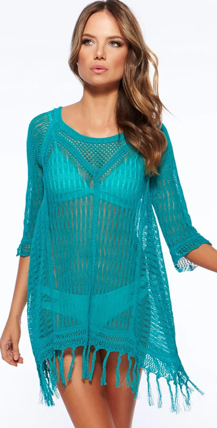 Новое Женское платье с кисточками трикотажное пляжное коротким рукавом