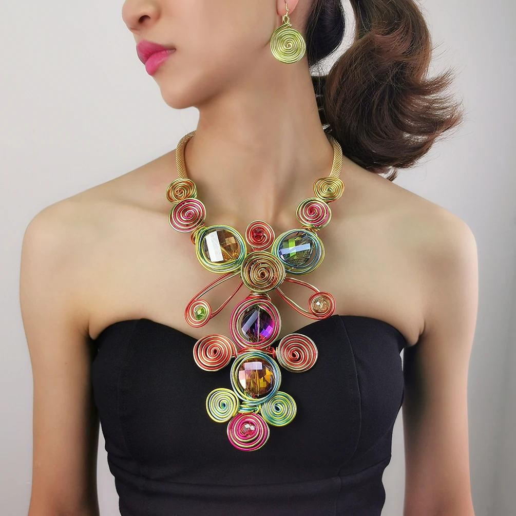 

MANILAI Luxury Handmade Statement Jewelry Set For Women Wedding Fashion Crystal Metal Earrings Pendant Necklaces Sets Multicolor
