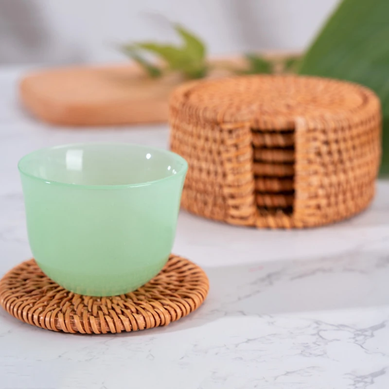 Rattan Coasters with Holder Storage Box Handmade Tea Cup Round Edge Coasters for Kitchen Table Drinks Crafts