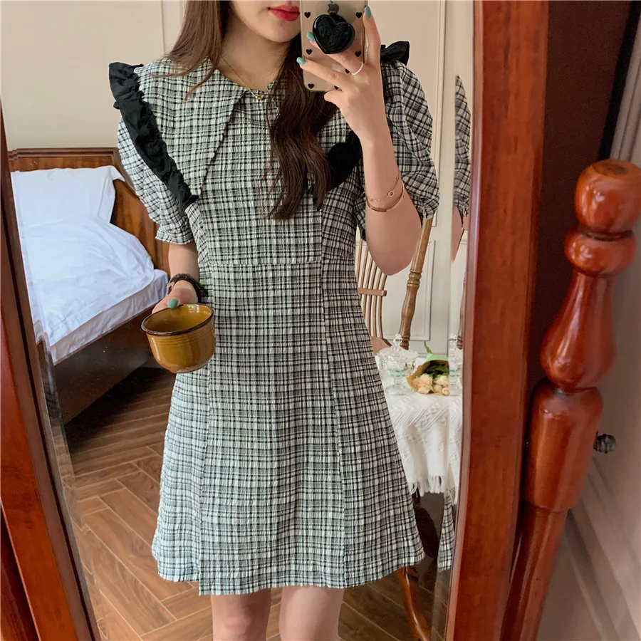 

2021 Women Summer Chic Plaid Casual High Waist A-line Mini Elegant Dress Vintage Turn-down Collar Puff Sleeve Party Dress