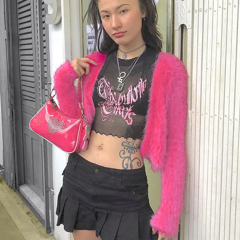 Shestyle Pink Fluffy Open Stitch Cardigans Women Flannel Autumn Fall Spring Short Jackets Sweet Streetwear 2019 New Arrivals | Женская