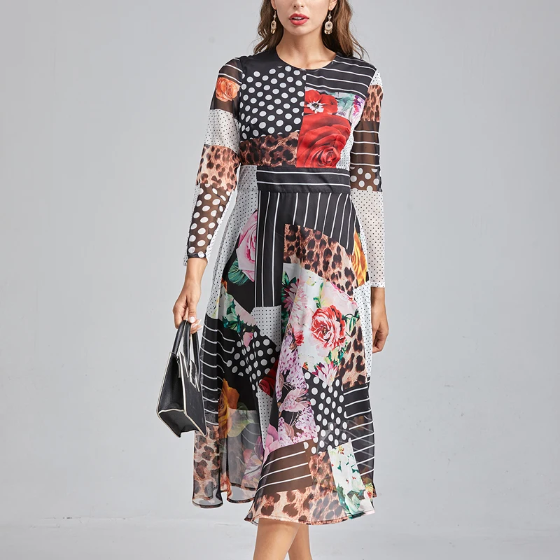 

2021 Spring New Style Bohemian Vintage Print Polka Dot Stripes Long Sleeve Slim Temperament Chiffon Dress Women'S Clothing