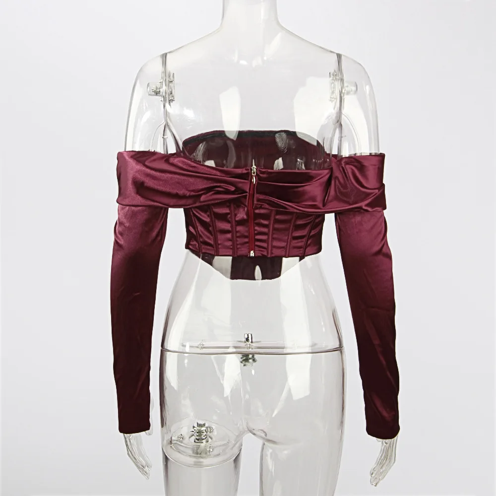 

2021 New Crop Top Elegant Vintage Women Long Sleeve Sexy Street Wear Boned Blouse Raisin Satin Off Shoulder Draped Corset