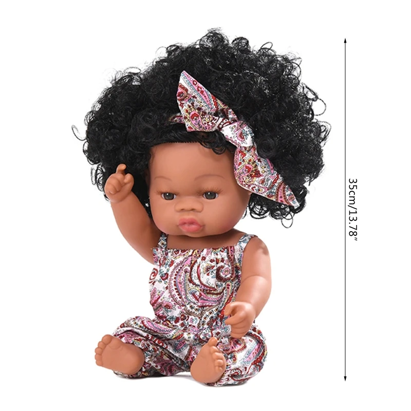 

35cm Realistic Doll Soft Vinyl Toddler Babies Lifelike Sitting Curls Princess African Girl Toy Birthday Christmas Gift