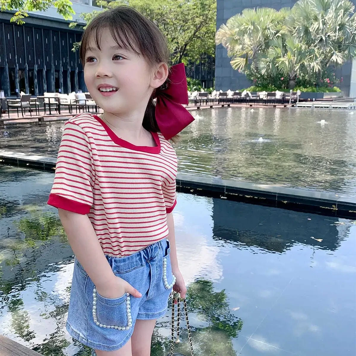 

VIDMID Girls short sleeve T-shirt 2022 new children's summer clothes baby stripe summer thin tops P6230
