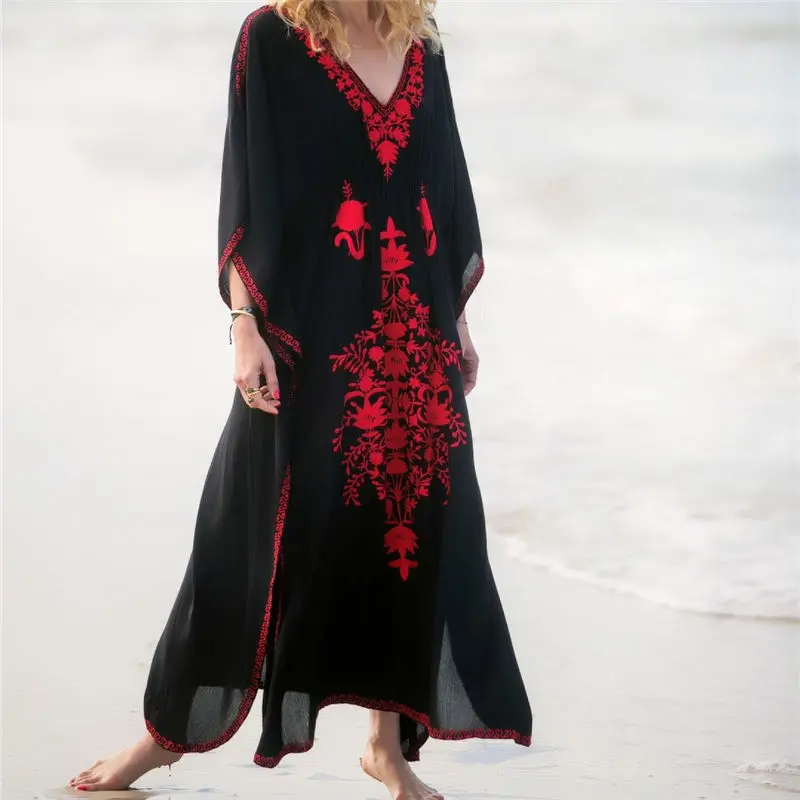 2020 красное богемное свободное летнее пляжное платье с цветочной вышивкой