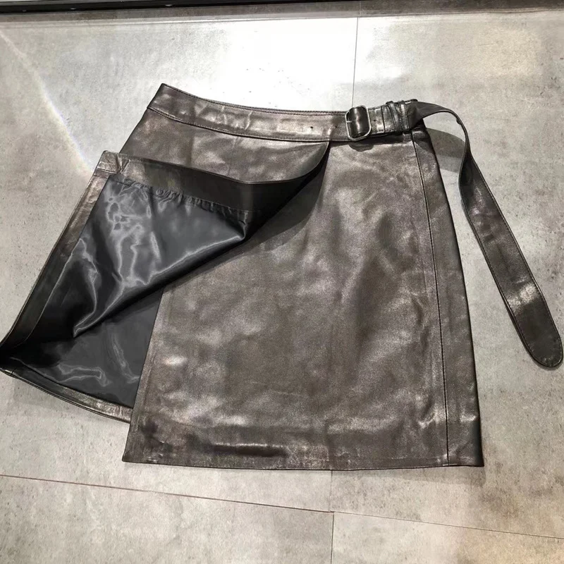 

SHZQ Genuine Leather Skirt Ladies' Real Lambskin Skirt