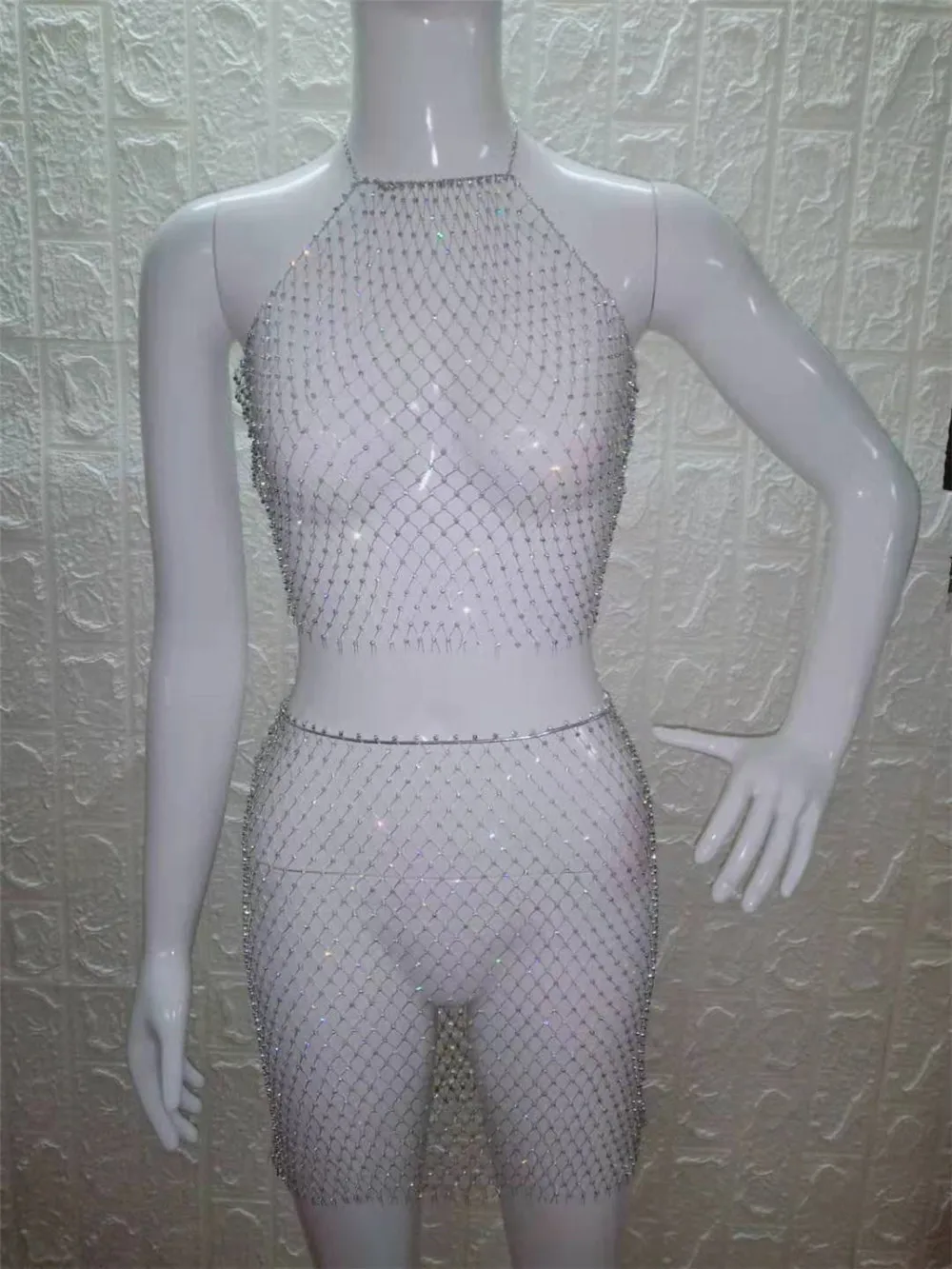 PARAKINI Sparkly Crystal Diamonds Bikini Beach Women Dress Beach Cover Up Dresses Fishnet Cropped Top Two Pieces Set Beach Dress