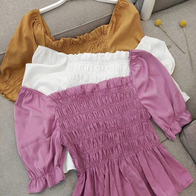 

2021 Ladies Square Neck Short Blouse Sweet Slim Short-sleeved Shirt