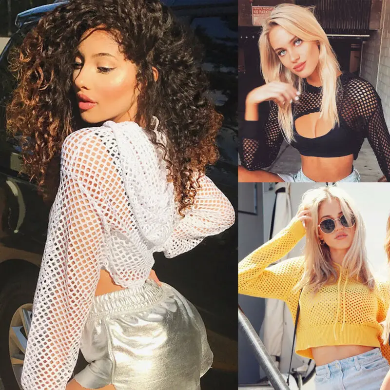 

Women Sheer Mesh Fish Net Long Sleeve Hooded Bust Crop Top T Shirt Blouse Hoodie