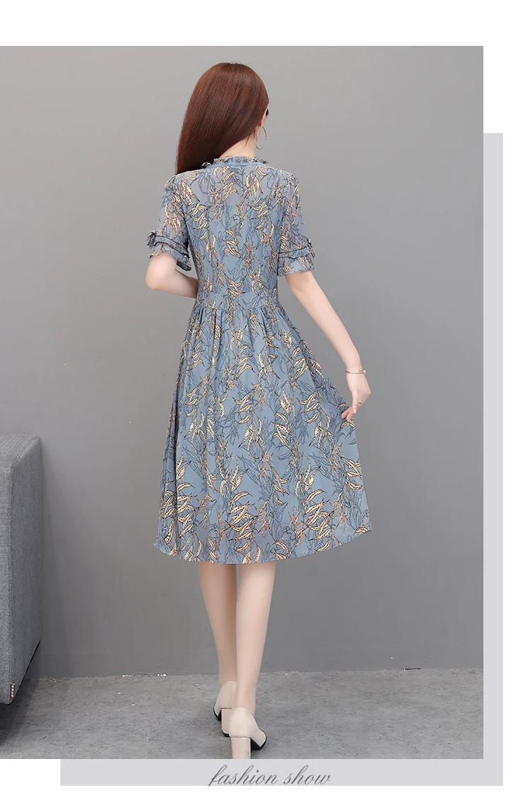 

Chiffon Loose Plus Size Women's Dress New Casual Dresses Mid-length Floral Fashion Short-sleeved Bow Tie Summer Houthion