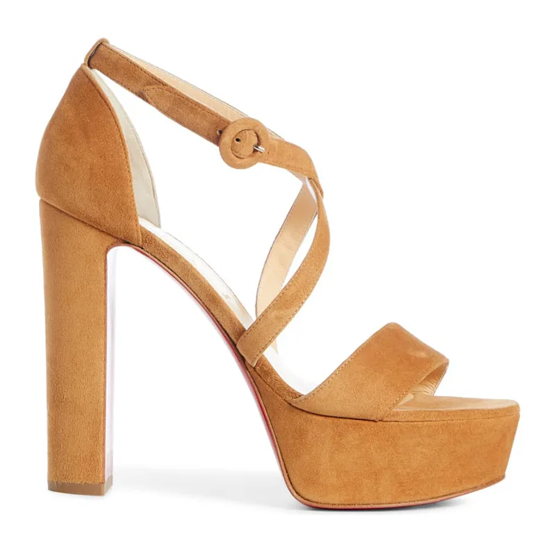 

2020 platform thick heel buckle one line high heel sandals color matching solid suede large