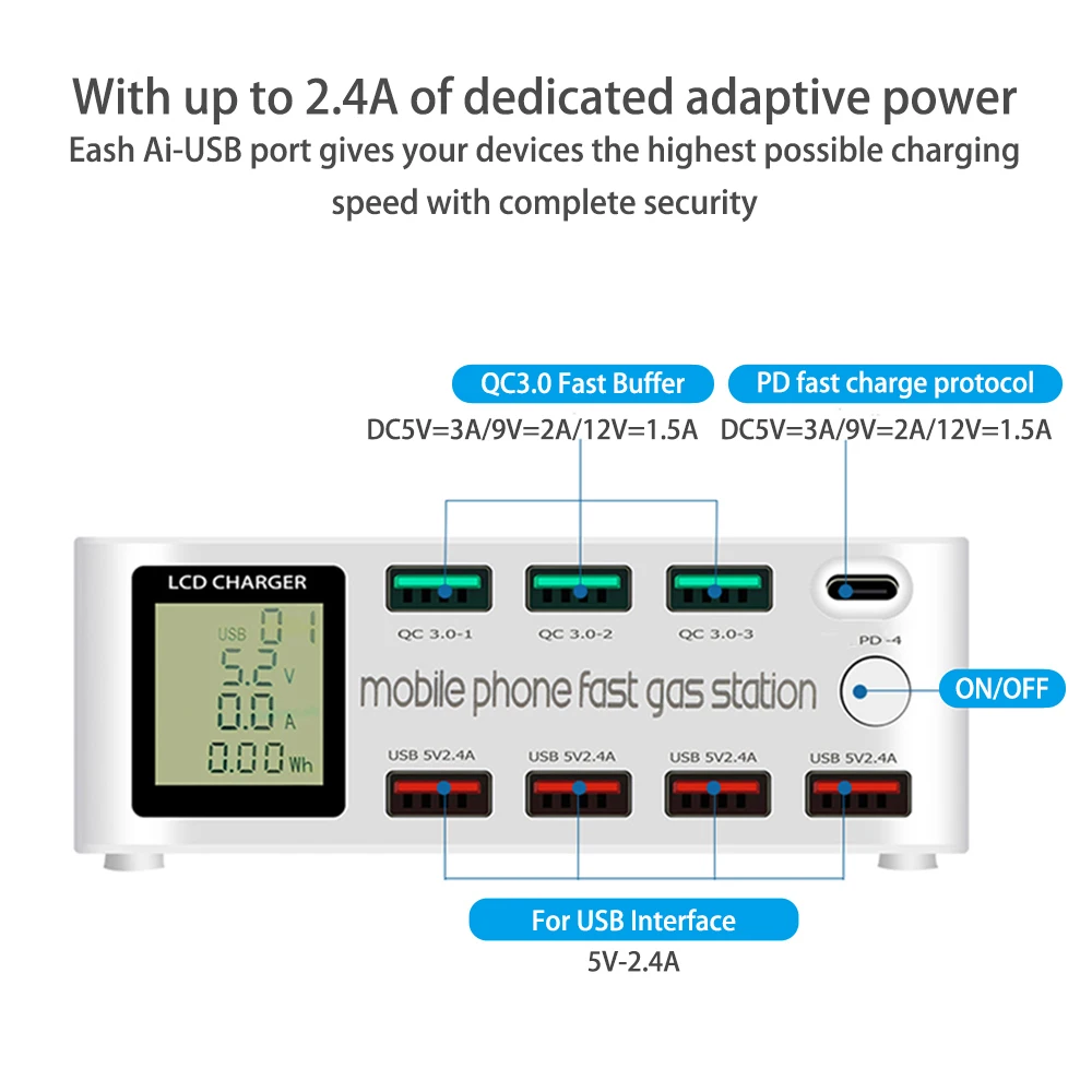 Зарядное устройство с 8 USB-портами и ЖК-дисплеем 100 Вт | Электроника