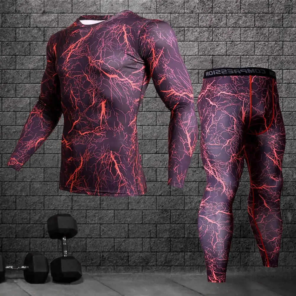 

2 Piece Male Workout Compression Long Sleeve T Shirt Kit Print Sweatshirt + Leggings Fitness Thermal Underwear