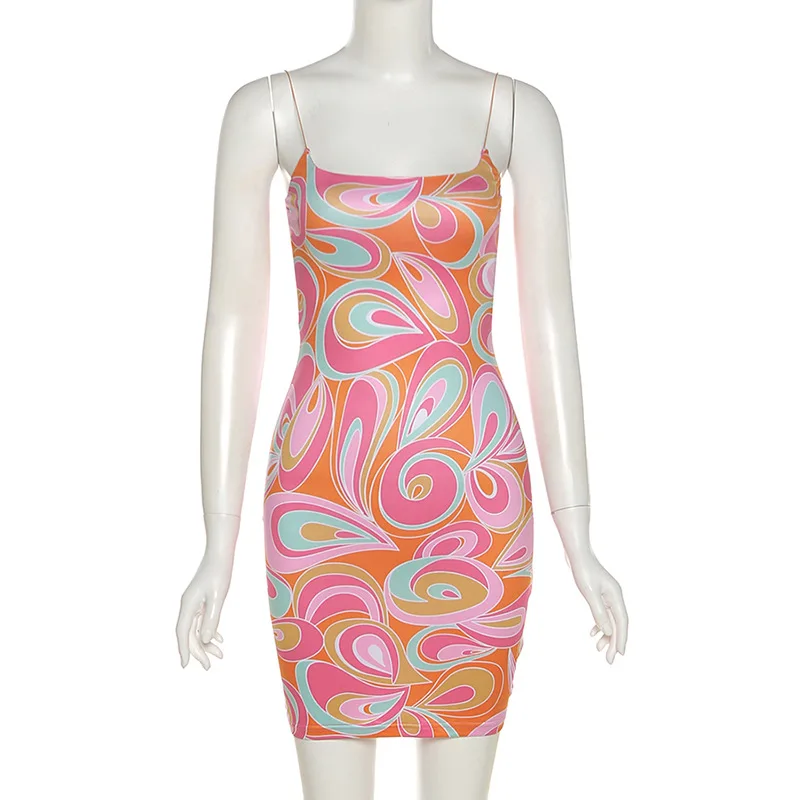 

Elegant Spaghetti Strap Print Mini Dress Party Club Backless Sleeveless Dresses Bodycon Women's Clothing Summer