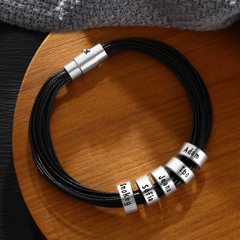 Мужской кожаный браслет JewelOra персонализированный с бусинами и именем