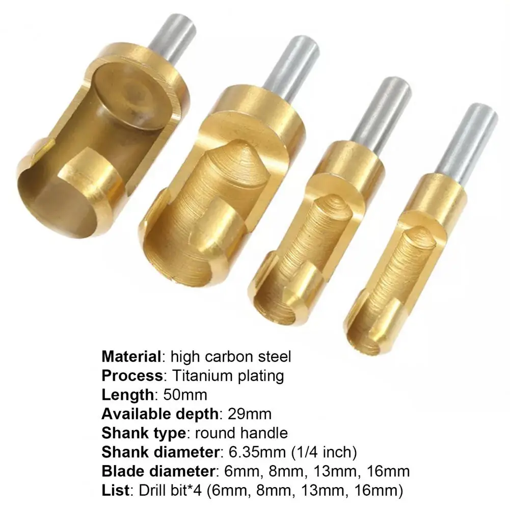 

4Pcs Barrel Cork Drill Bit Titanium Coated Shank Barrel High Carbon Steel Sharp Bored Hole Drill Bit for Woodworking Supplies