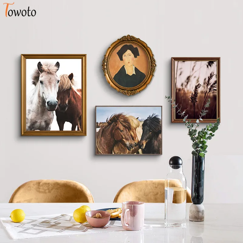 Коричневый Fild живопись на холсте с изображением лошади принт пейзаж